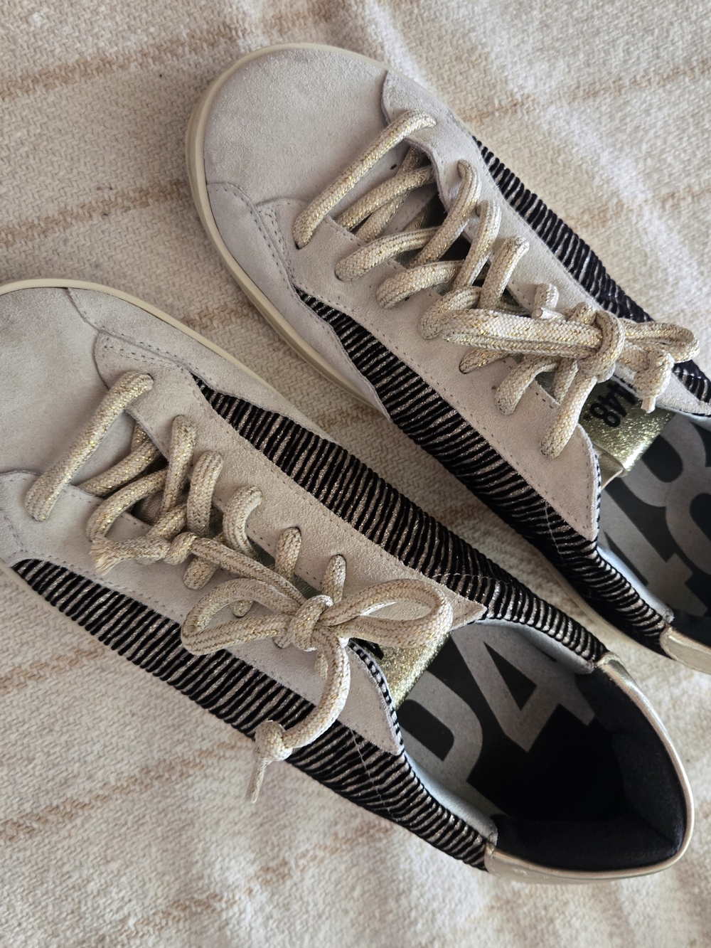 P448 Beige Suede Sneakers with Black Zebra Stripes and Gold Laces